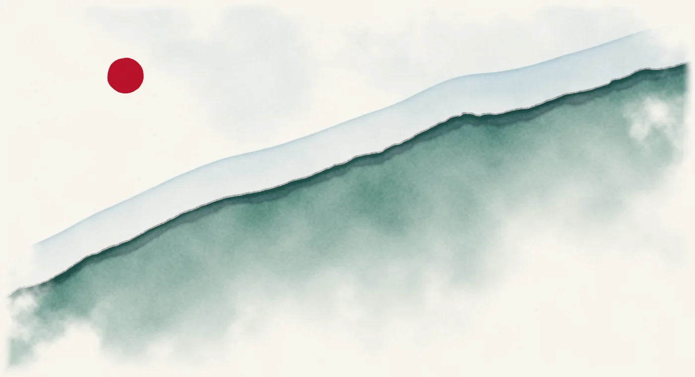 Watercolour landscape whose skyline traces uS commercial bank credit, 1973 to 2026, on a log scale.