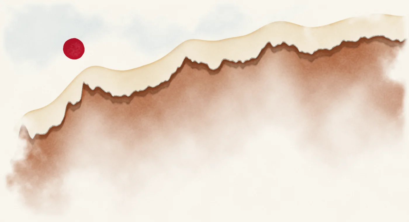 Watercolour landscape whose skyline traces bitcoin in dollars, 2010 to 2026, on a log scale.