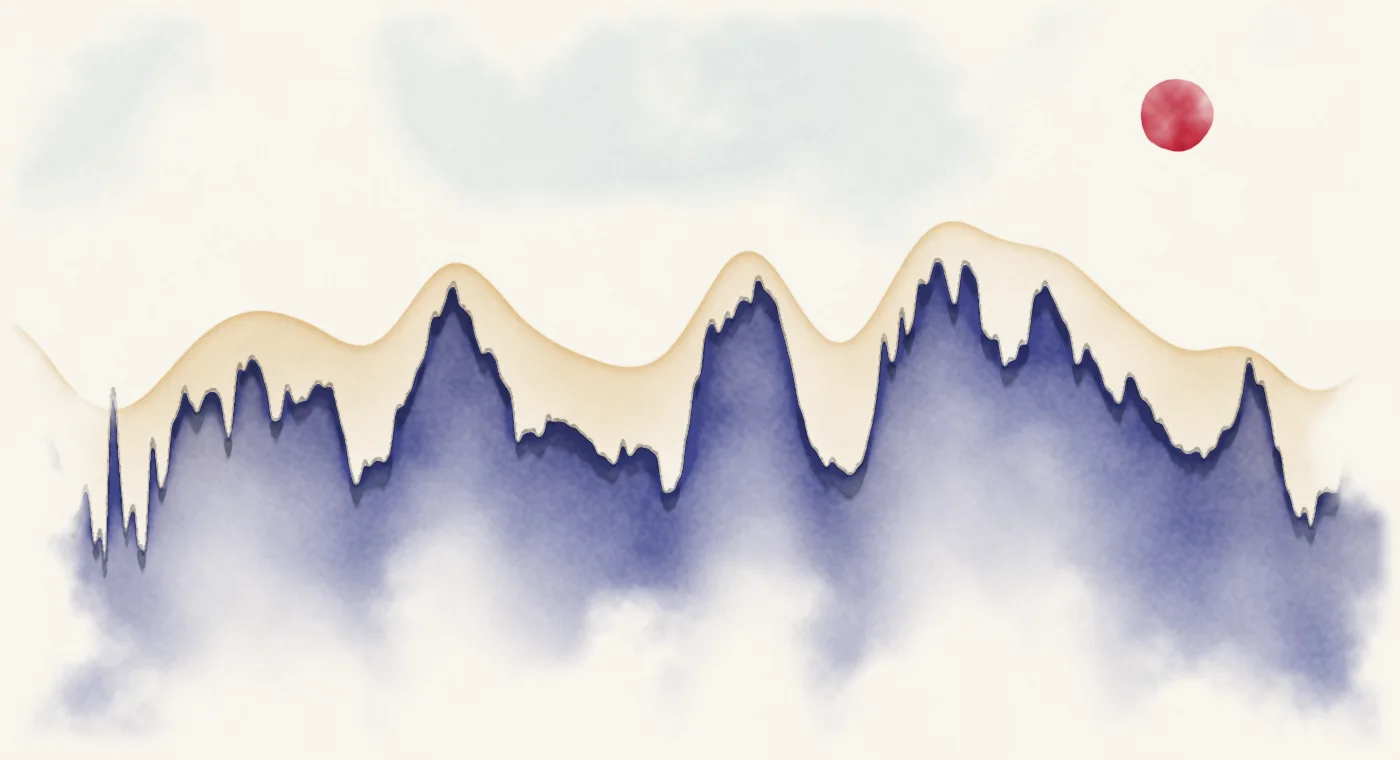 Watercolour landscape whose skyline traces the 10-year minus 2-year Treasury spread, 1976 to 2026.