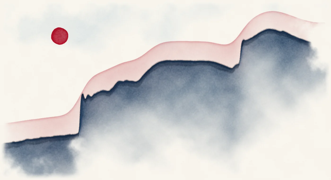 Watercolour landscape whose skyline traces the Federal Reserve’s balance sheet, 2003 to 2026, on a log scale.