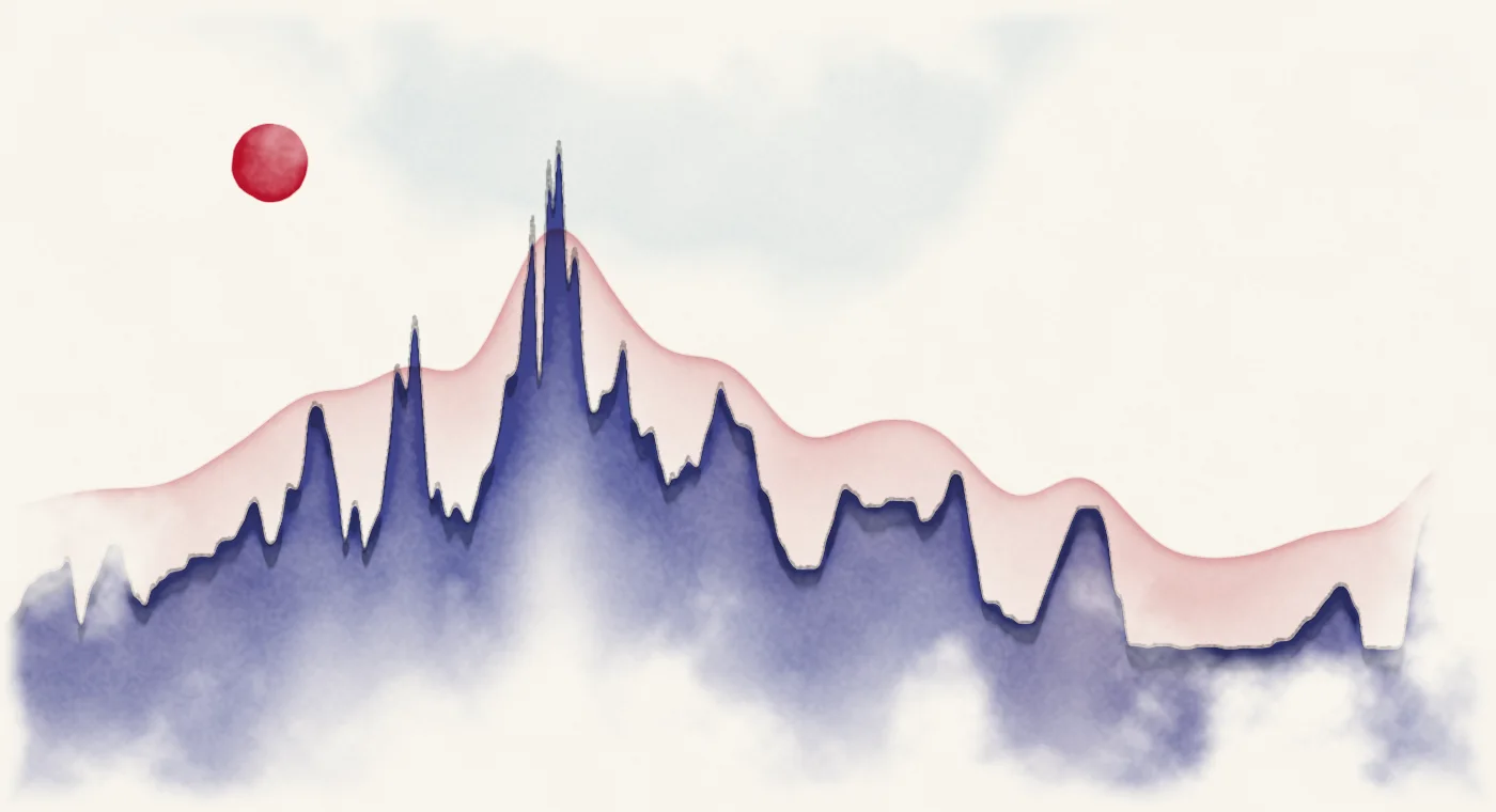 Watercolour landscape whose skyline traces the federal funds rate, 1954 to 2026.