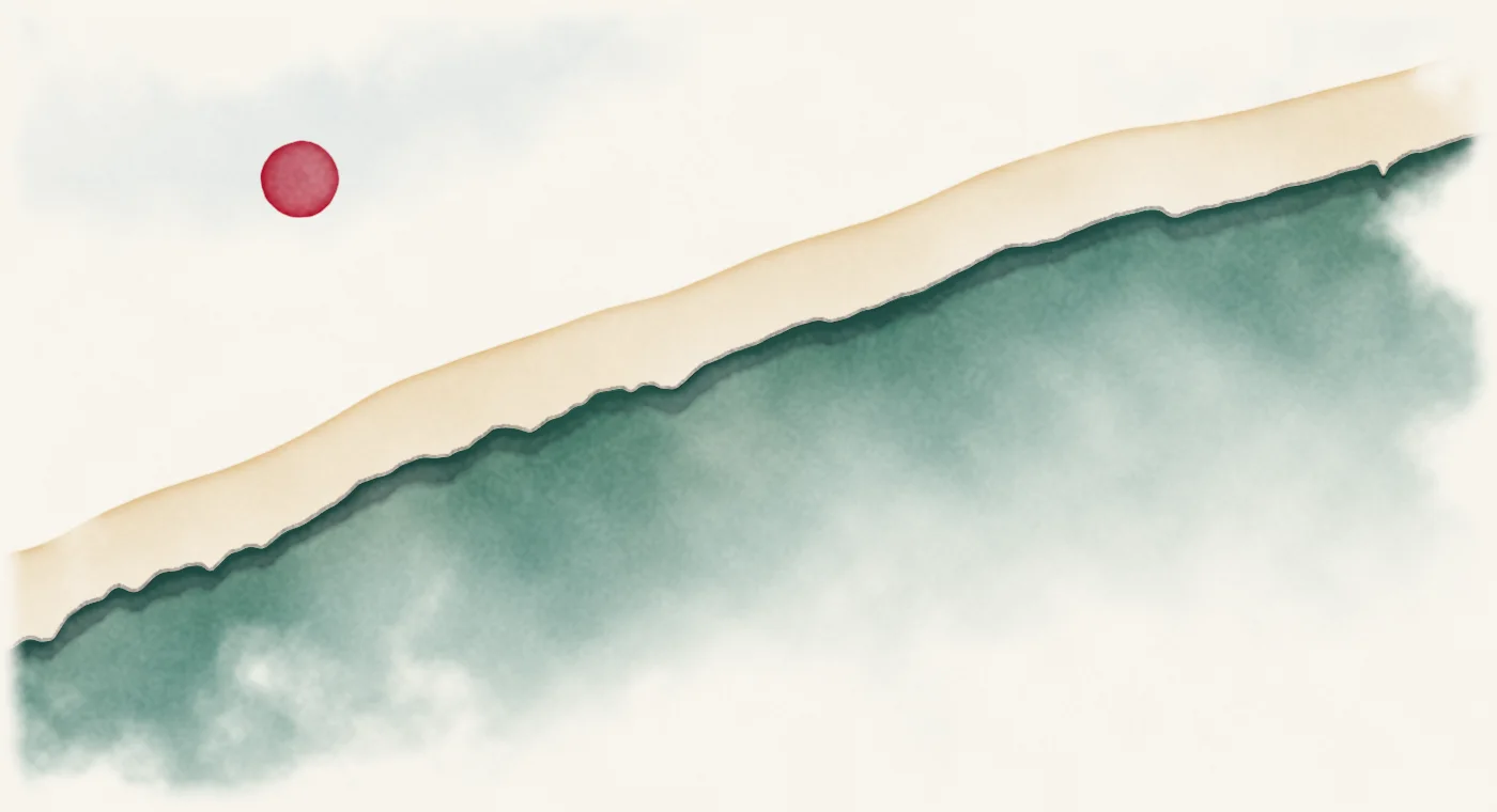 Watercolour landscape whose skyline traces uS real GDP, 1947 to 2026, on a log scale.