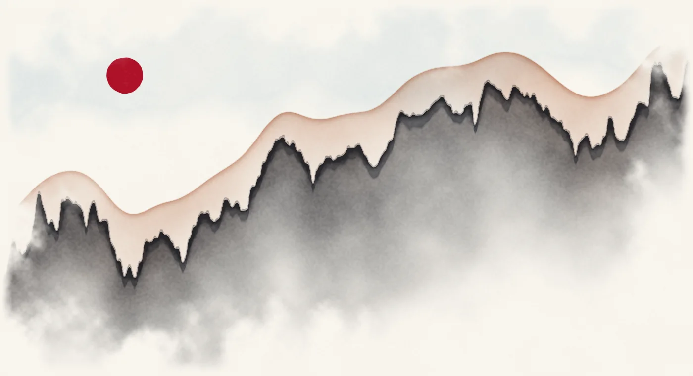 Watercolour landscape whose skyline traces gEO Group, 1994 to 2026, on a log scale.