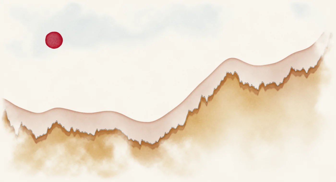 Watercolour landscape whose skyline traces gold in dollars, 1979 to 2026, on a log scale.