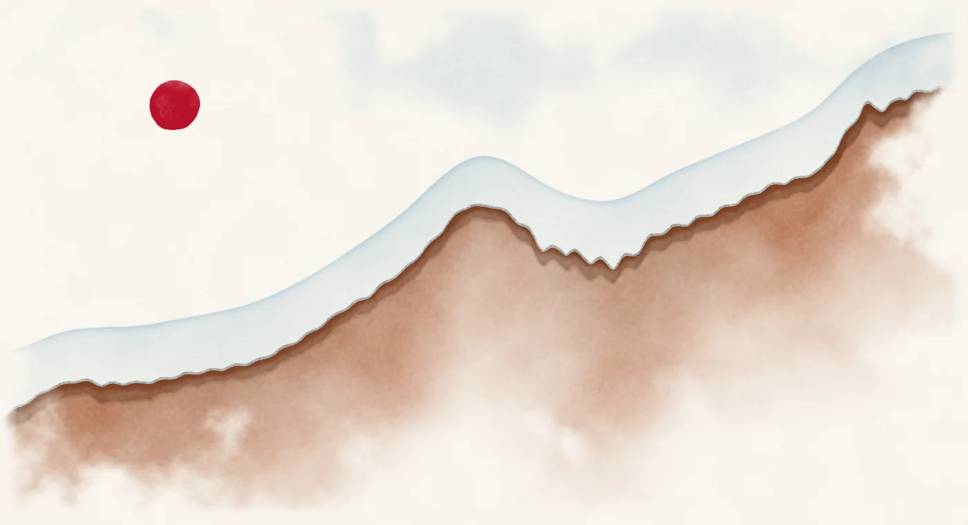 Watercolour landscape whose skyline traces uS house prices (Case-Shiller), 1987 to 2026, on a log scale.