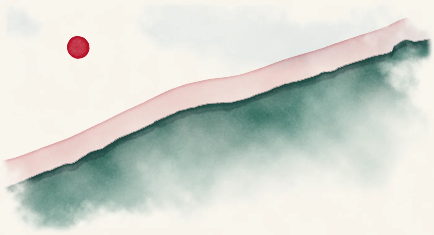 Watercolour landscape whose skyline traces uS M2 money supply, 1959 to 2026, on a log scale.