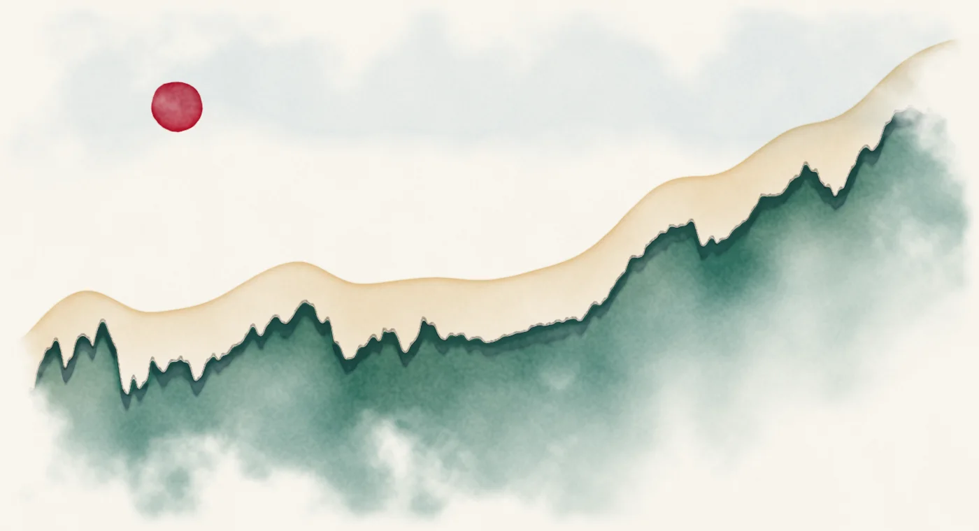 Watercolour landscape whose skyline traces nvidia, 1999 to 2026, on a log scale.