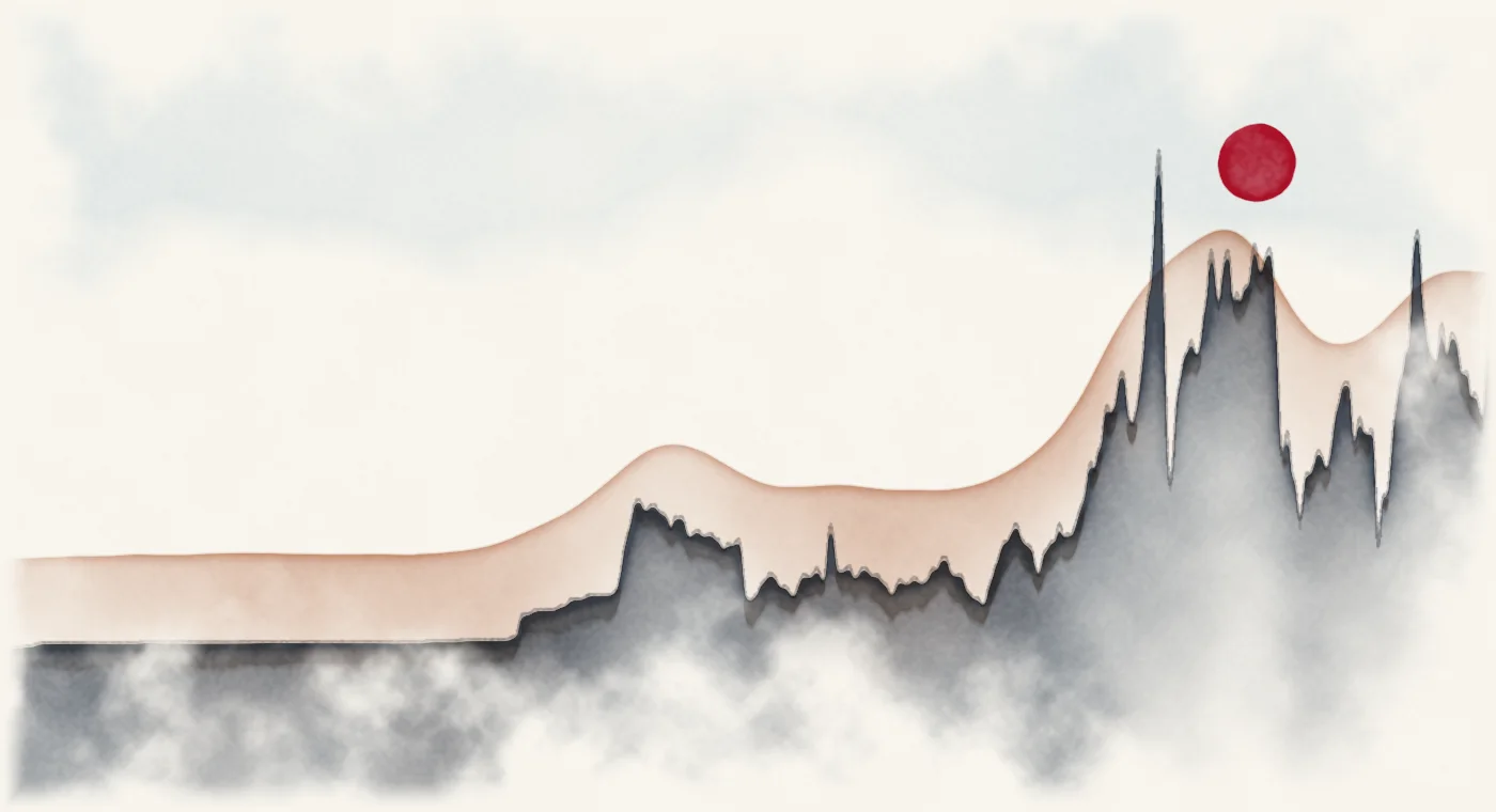 Watercolour landscape whose skyline traces west Texas crude, dollars a barrel, 1946 to 2026.