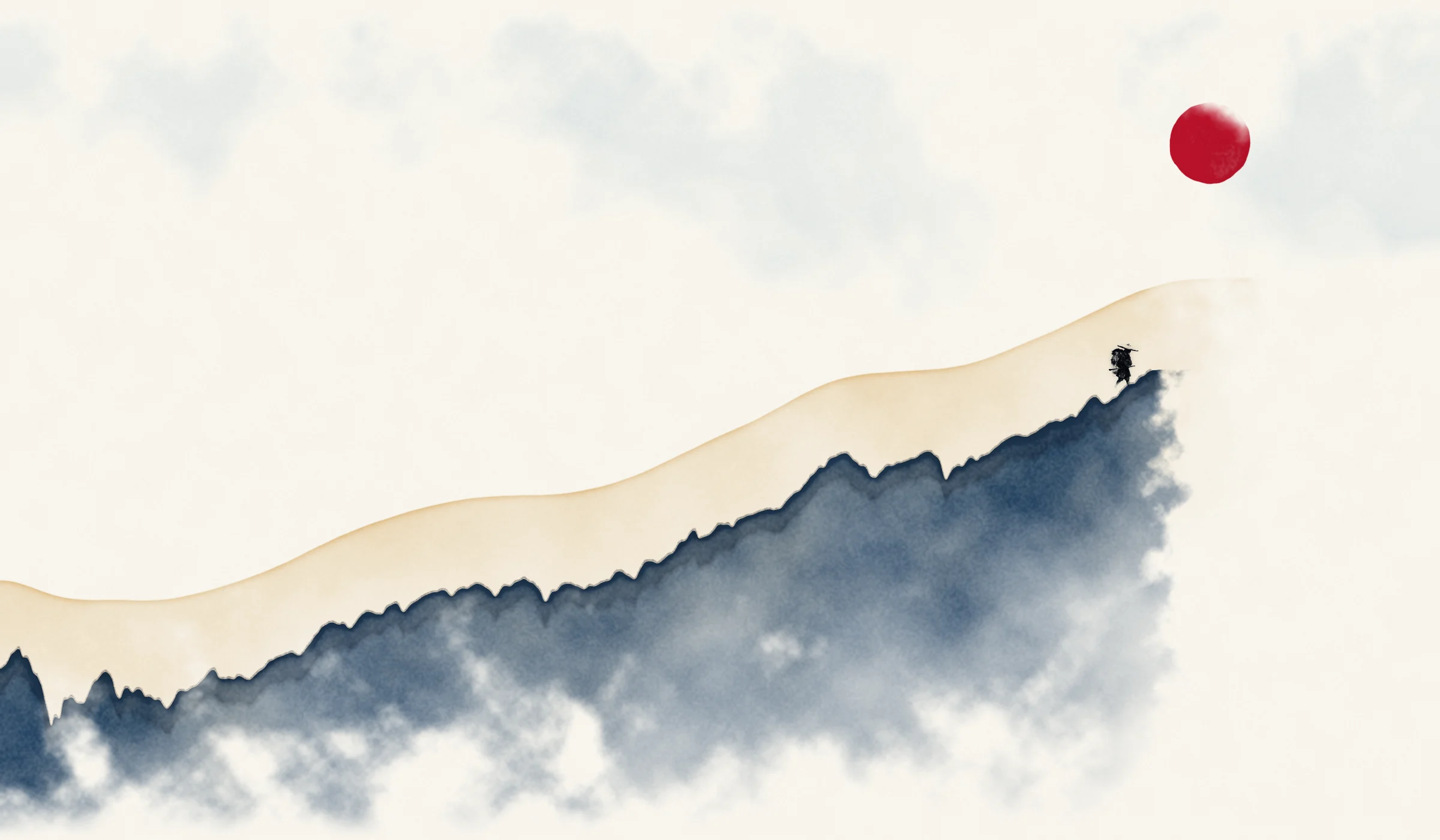 Watercolour landscape whose skyline traces the S&P 500 from 1927 to today. The paint stops at today, where a small figure in a wide hat, with a pack on the back and a pole carried level, walks the last ridge toward the blank paper.