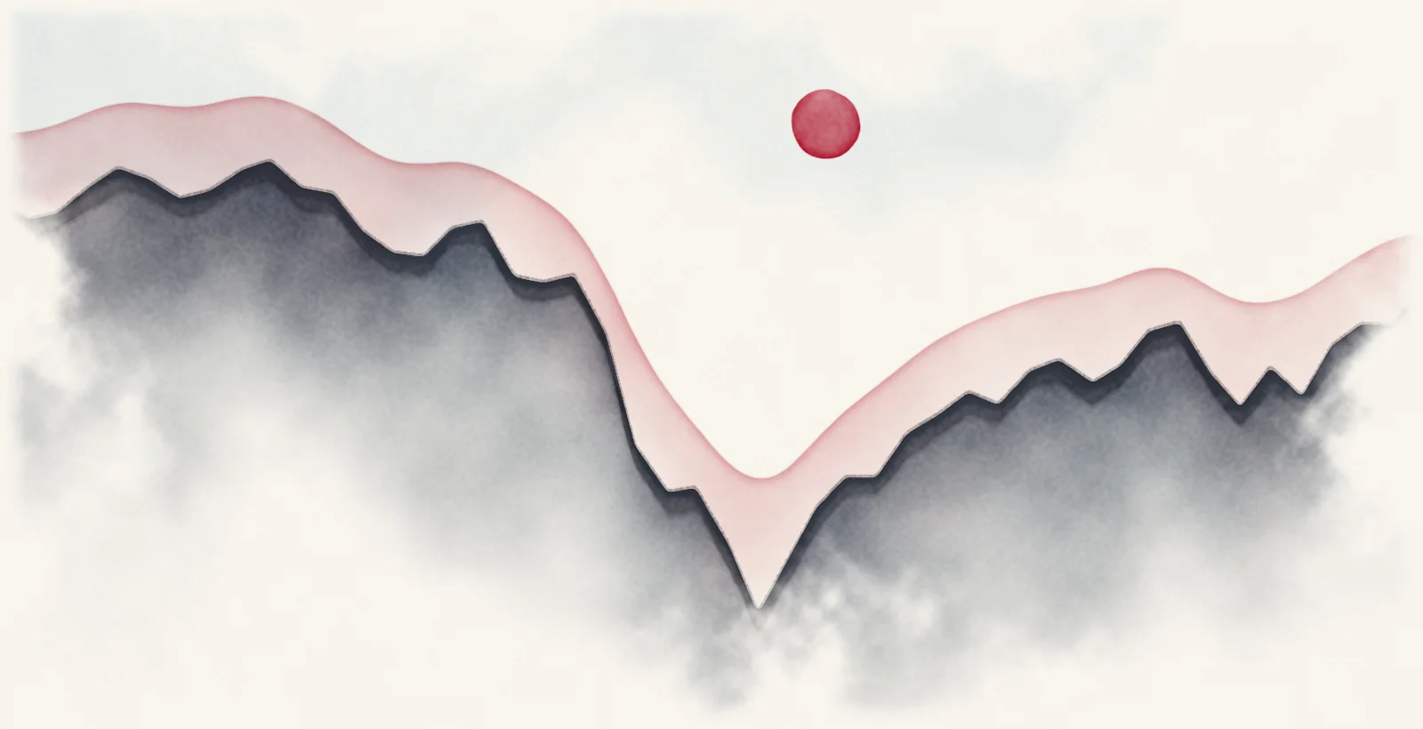 Watercolour landscape whose skyline traces the S&P 500 from 2007 to 2010: the 2007 peak, the March 2009 low and the recovery.