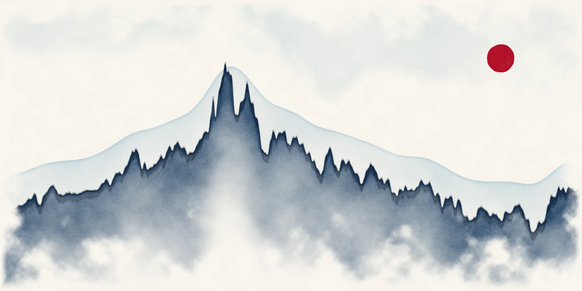 Watercolour landscape whose skyline traces the 10-year Treasury yield, 1953 to 2026.