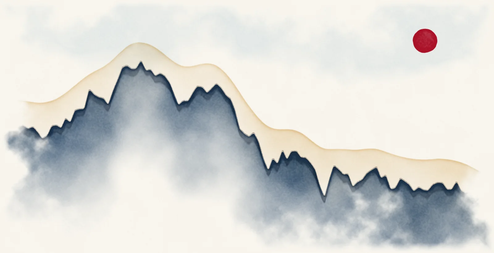 Watercolour landscape whose skyline traces tLT, the long Treasury bond fund, 2018 to 2026.