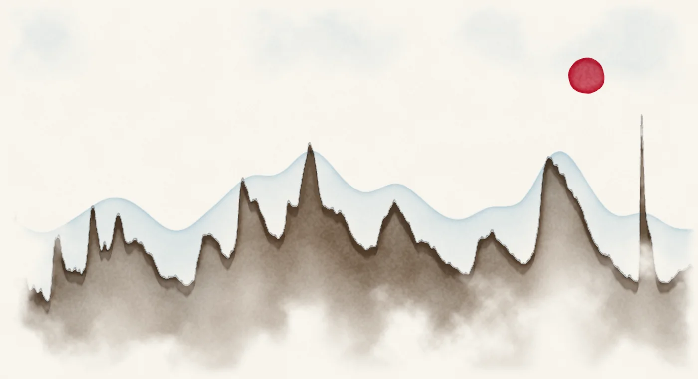Watercolour landscape whose skyline traces the US unemployment rate, 1948 to 2026.