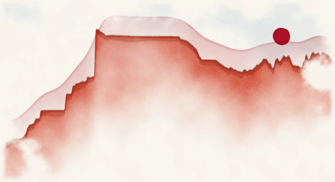 Watercolour landscape whose skyline traces yuan per dollar, 1981 to 2026.